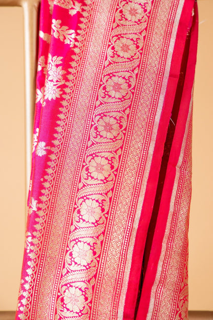 Dark Pink Banarasi Katan Silk Saree with Zari Jangla Border - Atulyakarigari