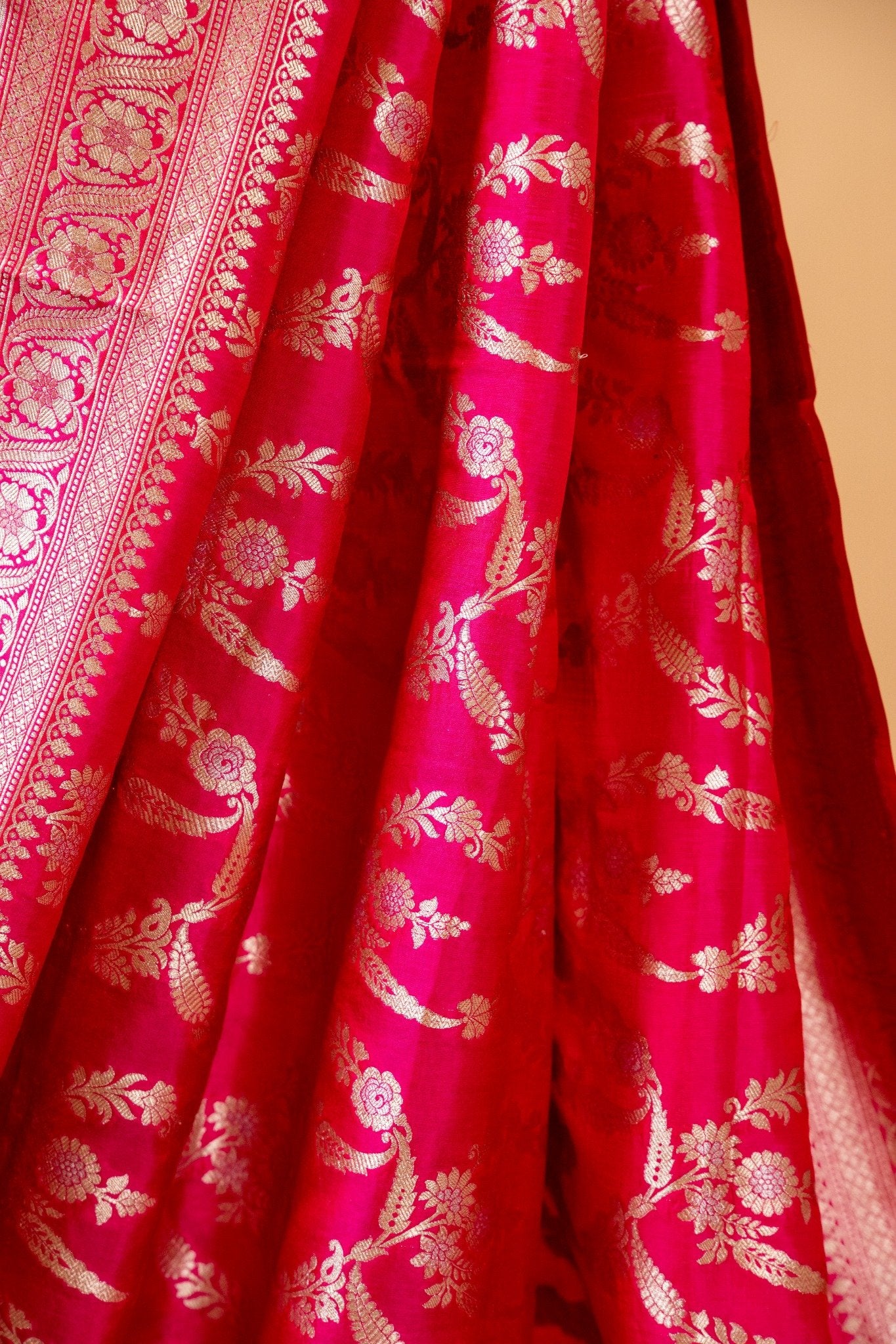 Dark Pink Banarasi Katan Silk Saree with Zari Jangla Border - Atulyakarigari