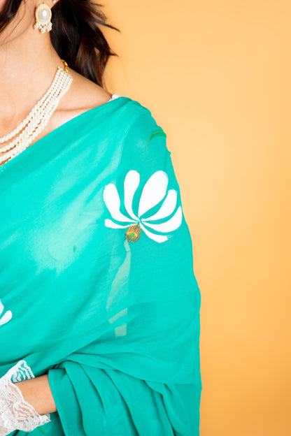 Green Hand-Painted Georgette Saree with Floral Design - Atulyakarigari