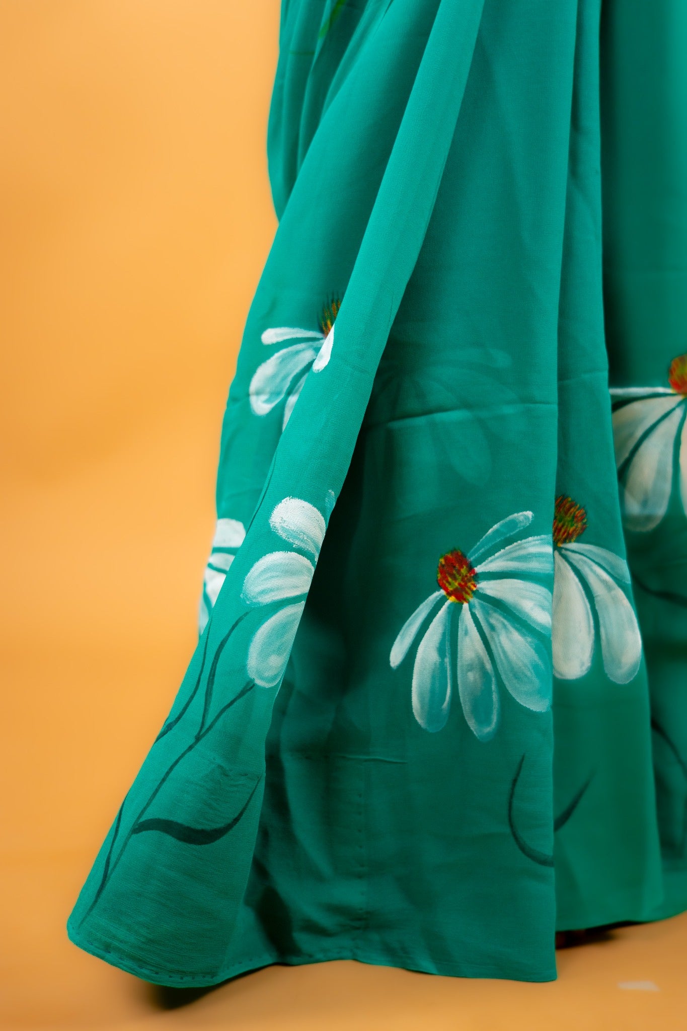 Green Hand-Painted Georgette Saree with Floral Design - Atulyakarigari