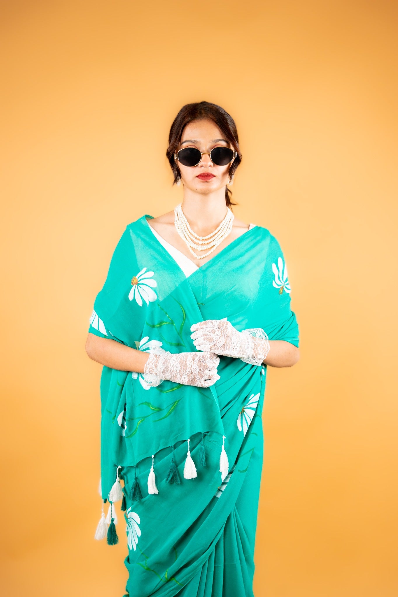 Green Hand-Painted Georgette Saree with Floral Design - Atulyakarigari