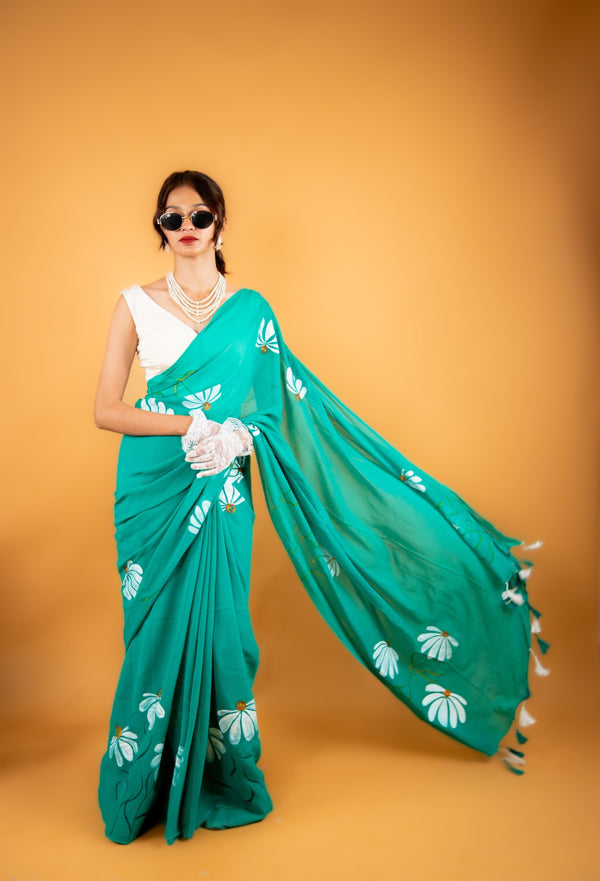 Green Hand-Painted Georgette Saree with Floral Design