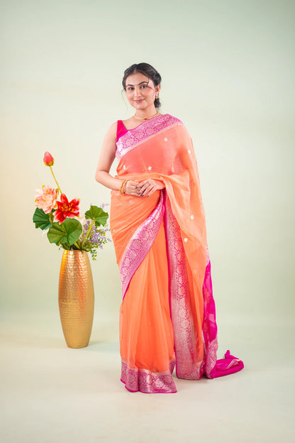 Coral Magenta Zari Chiffon Saree - image 1