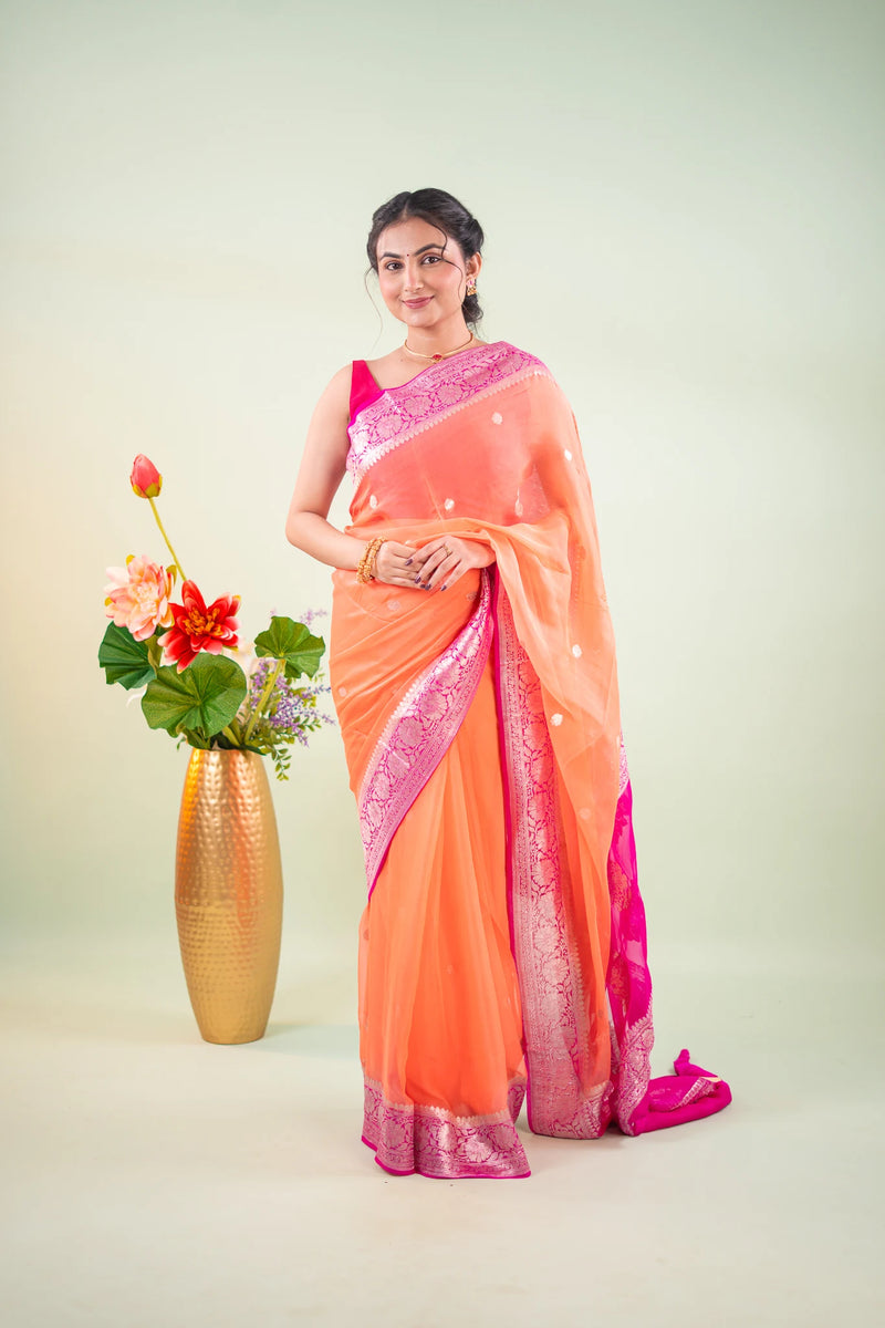 Coral Magenta Zari Chiffon Saree - image 1