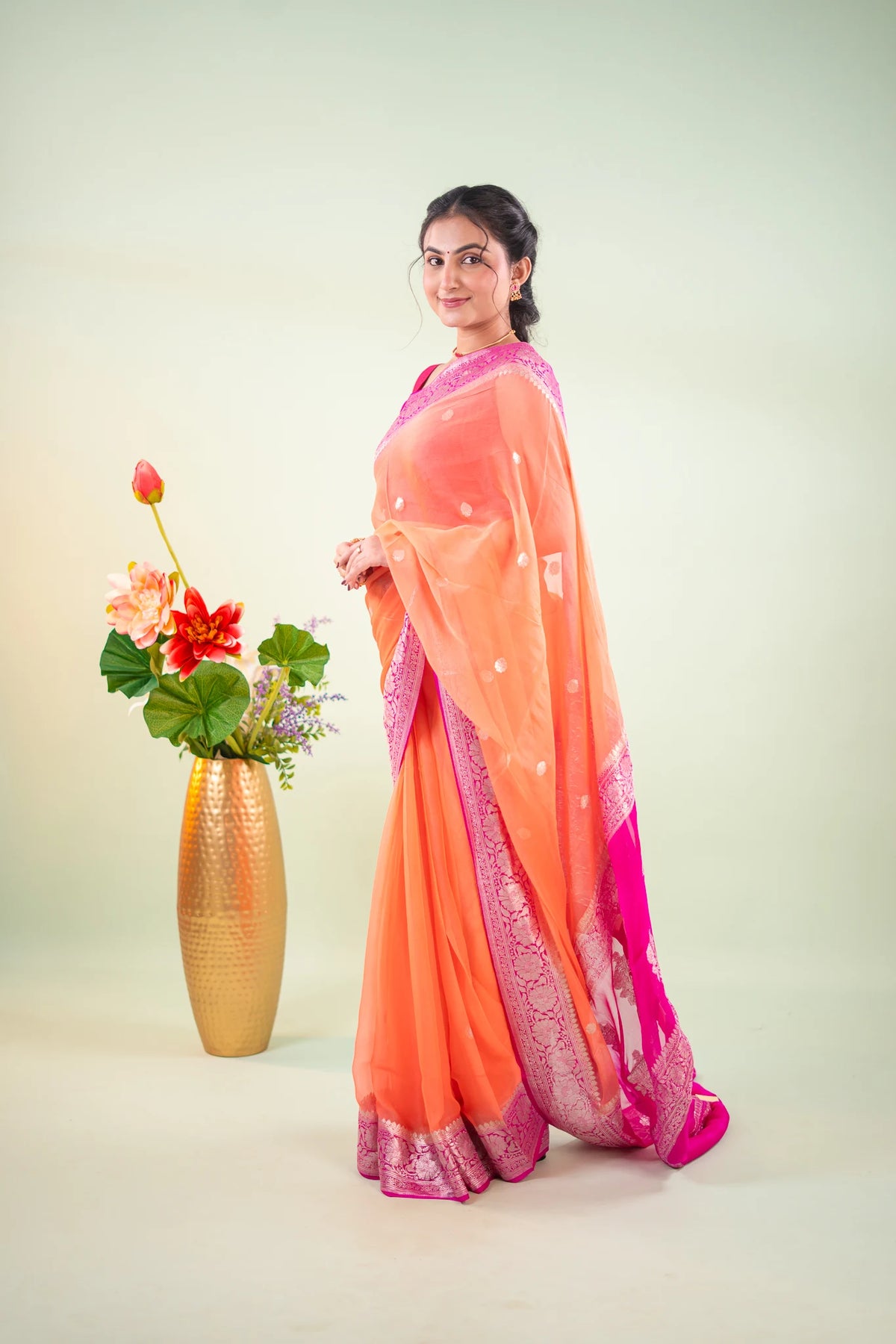 Coral Magenta Zari Chiffon Saree - image 2