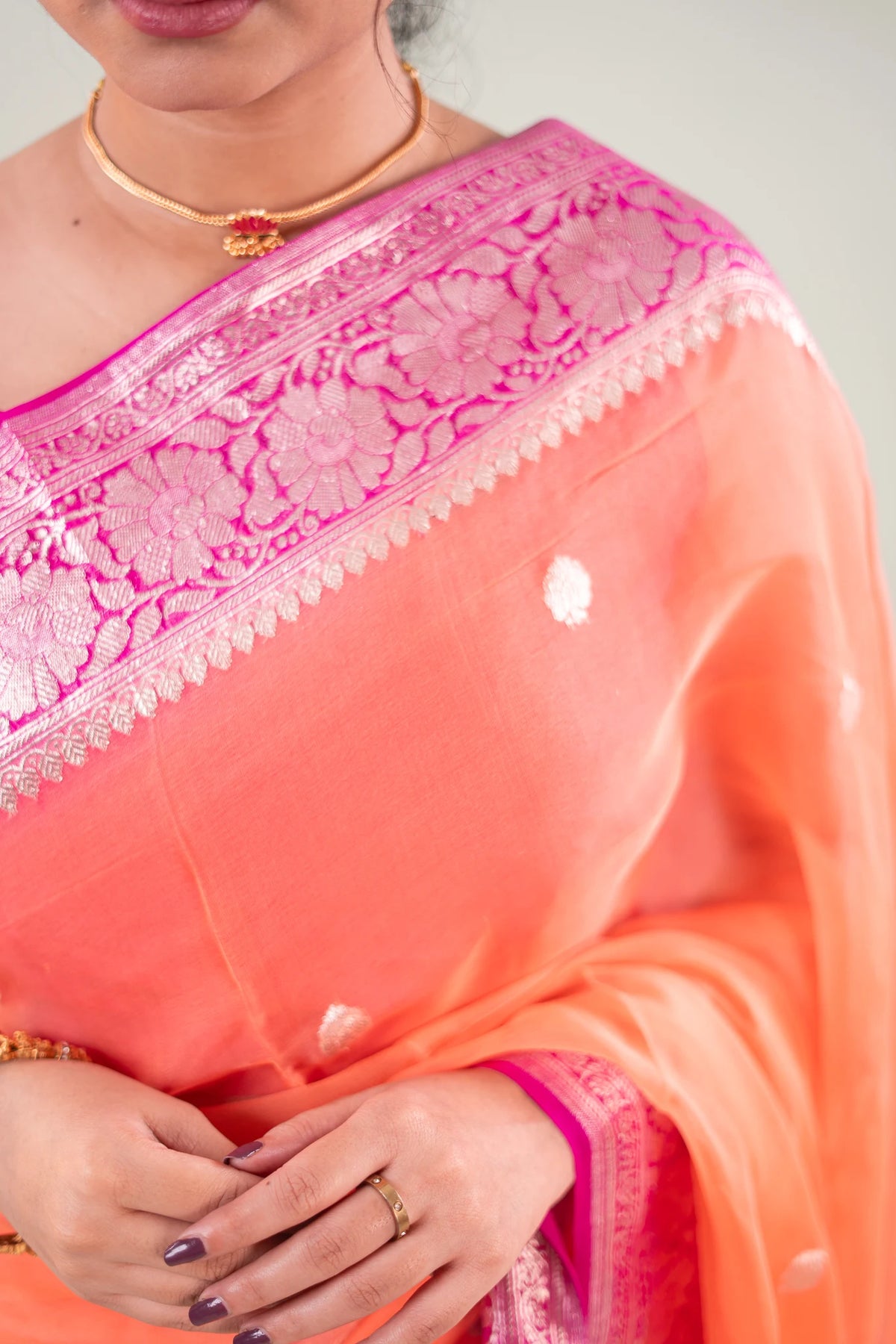 Coral Magenta Zari Chiffon Saree - image 5