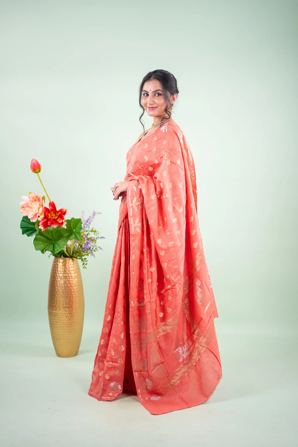 Coral Peach Banarasi Silk Saree - angled view