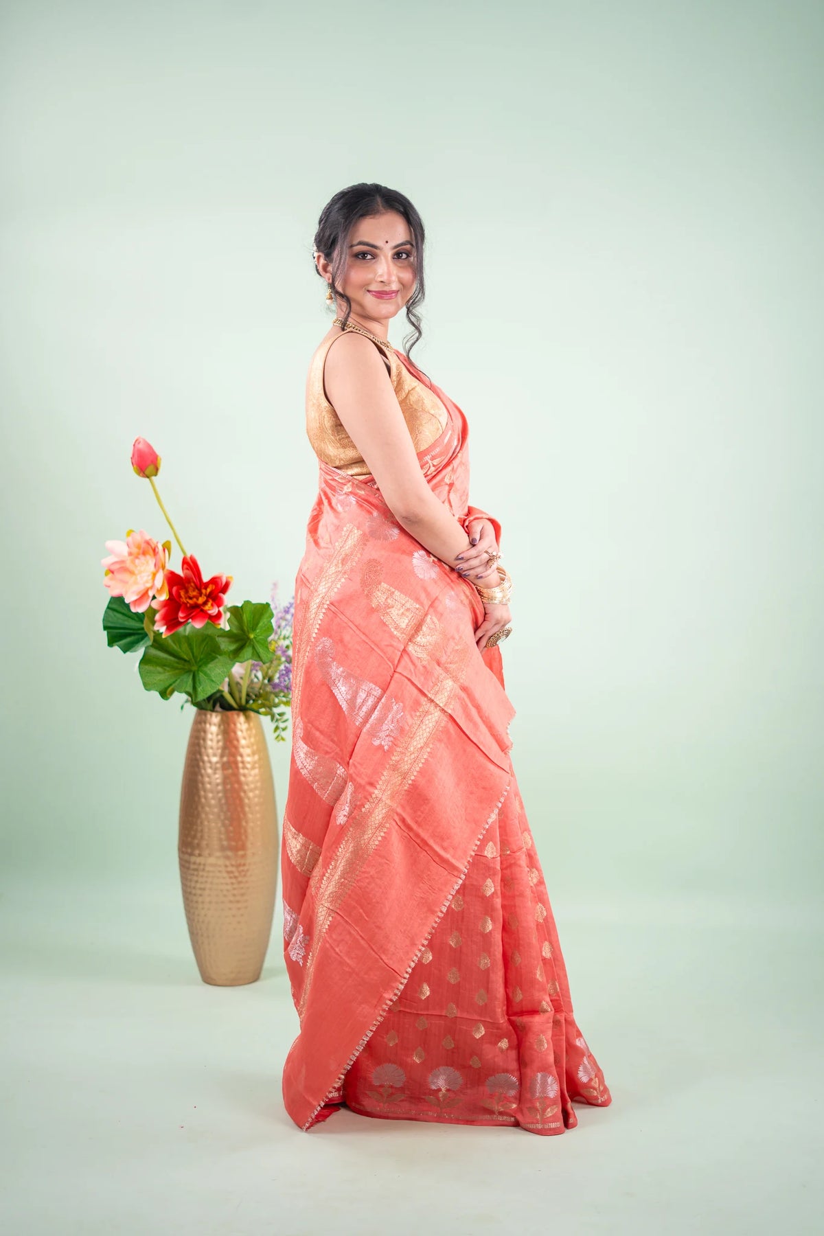 Coral Peach Banarasi Silk Saree - back view