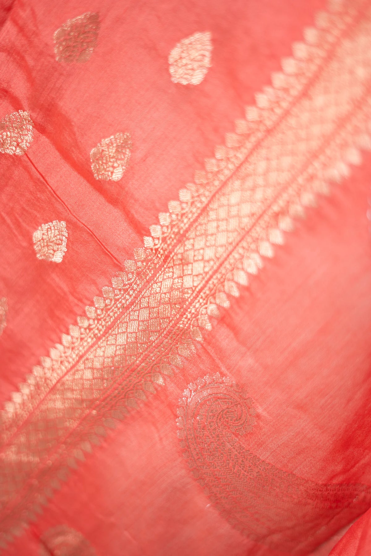 Coral Peach Banarasi Silk Saree - lower border close-up