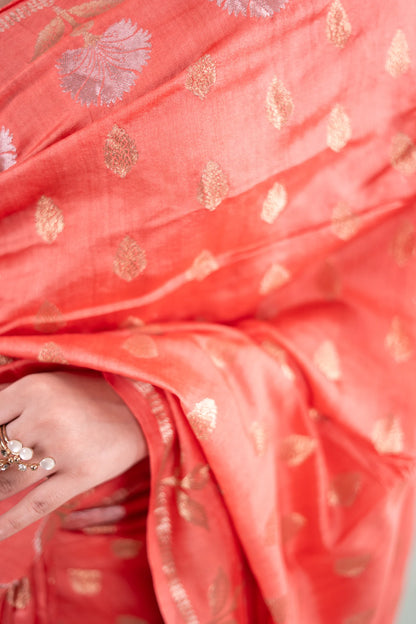 Coral Peach Banarasi Silk Saree - fabric and design close-up