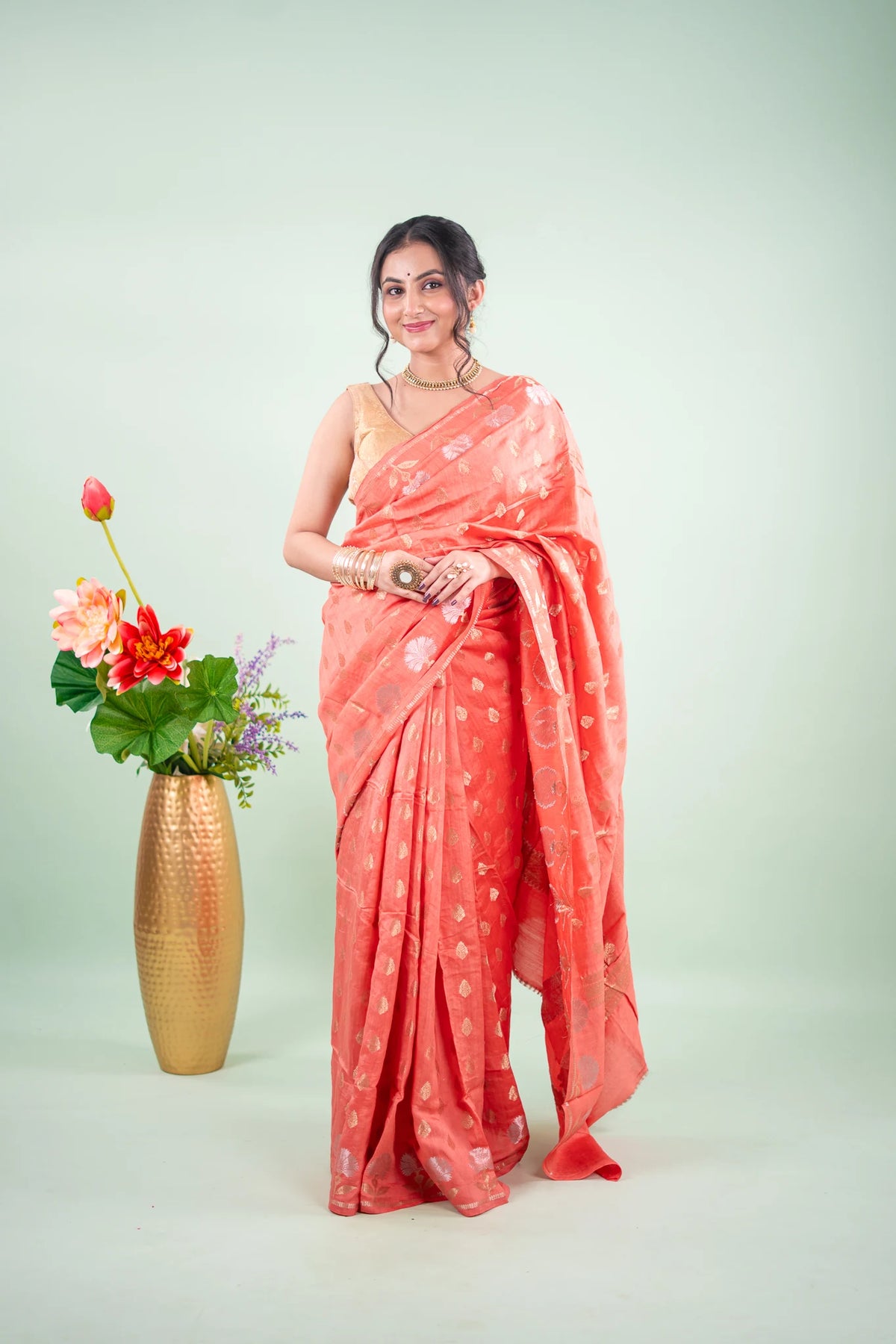 Coral Peach Banarasi Silk Saree - full front view