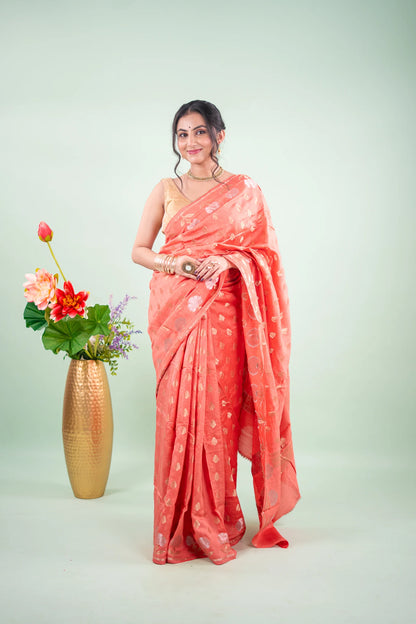 Coral Peach Banarasi Silk Saree - full front view