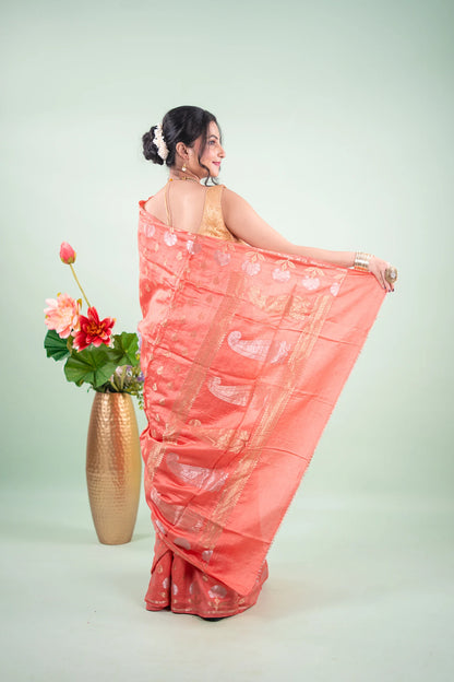 Coral Peach Banarasi Silk Saree - pallu spread