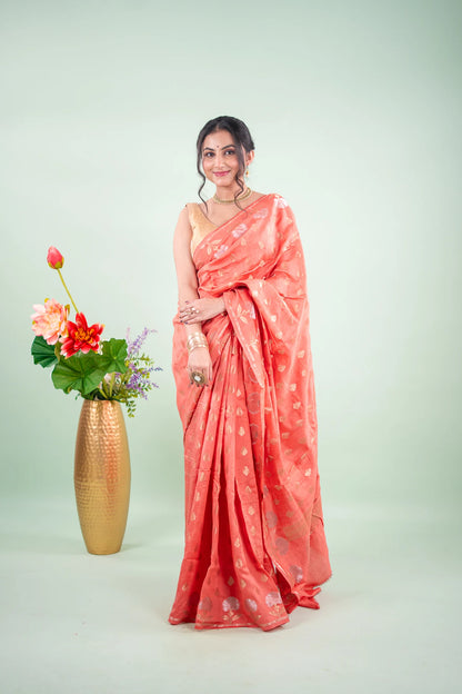 Coral Peach Banarasi Silk Saree - pallu on shoulder
