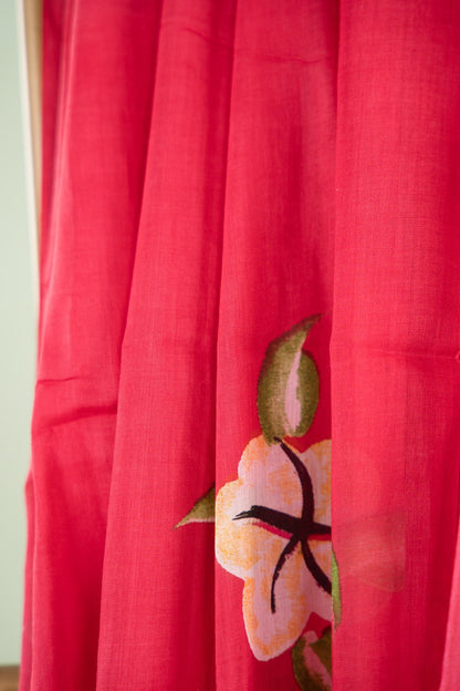Coral Pink Floral Mul Mul Cotton Saree