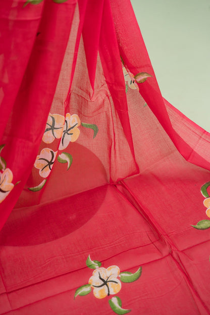 Coral Pink Floral Mul Mul Cotton Saree