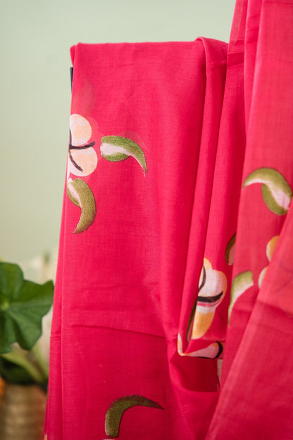 Coral Pink Floral Mul Mul Cotton Saree