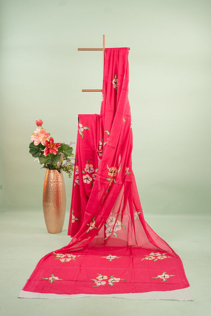 Coral Pink Floral Mul Mul Cotton Saree