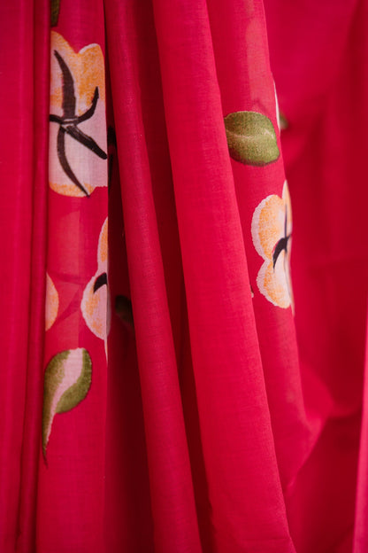 Coral Pink Floral Mul Mul Cotton Saree