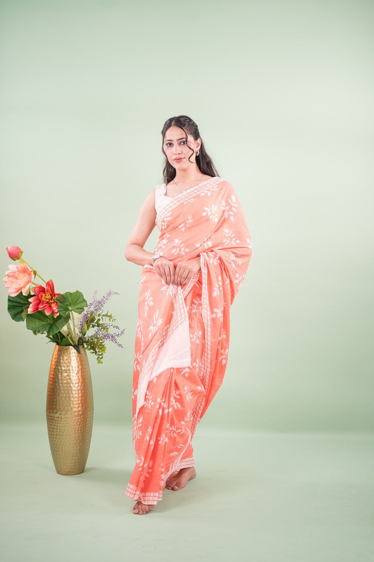 Coral Pink Maple Leaf Mul Mul Cotton Saree