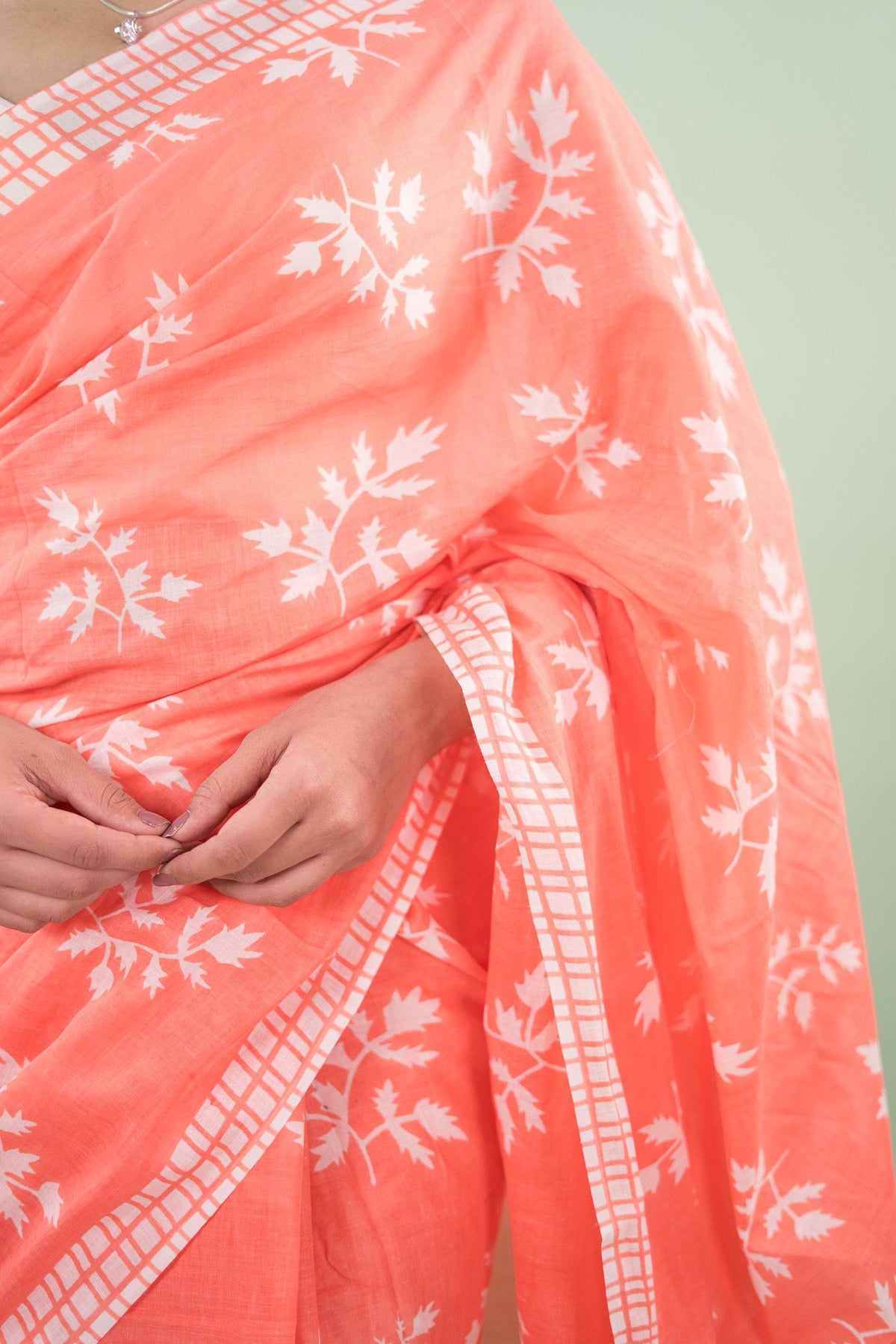Coral Pink Maple Leaf Mul Mul Cotton Saree