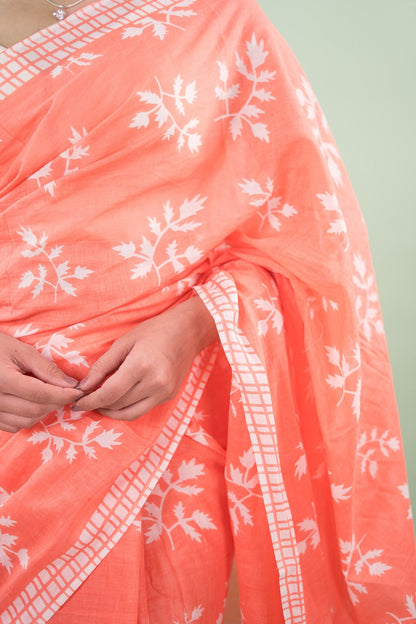 Coral Pink Maple Leaf Mul Mul Cotton Saree