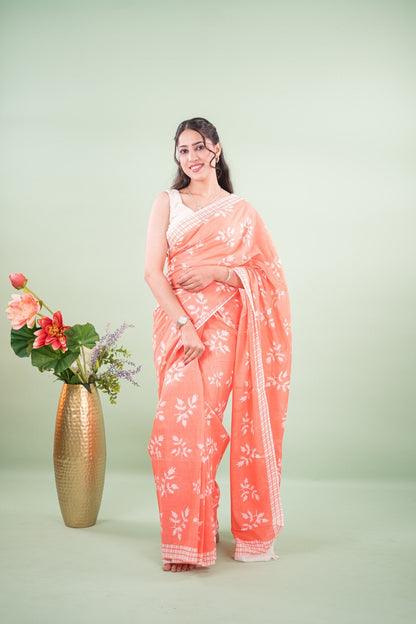 Coral Pink Maple Leaf Mul Mul Cotton Saree