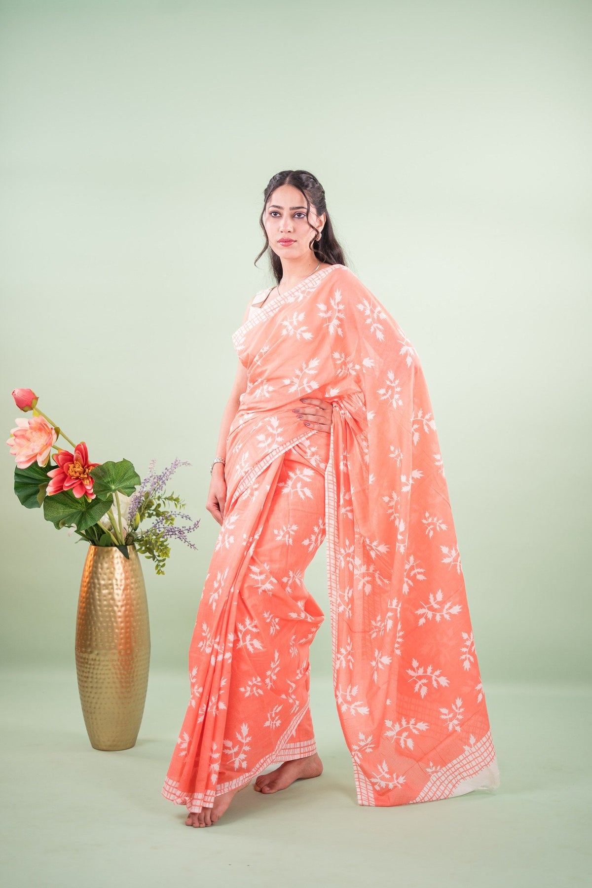 Coral Pink Maple Leaf Mul Mul Cotton Saree