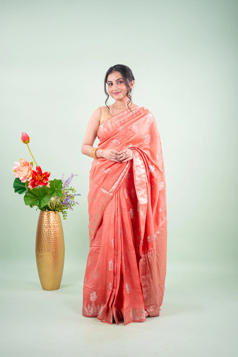 Coral Rust Banarasi Silk Saree - Temple Paisley Buta image 1