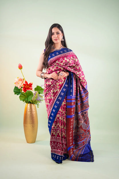 Crimson Pink Royal Blue Check Ikat Khandua Silk Saree