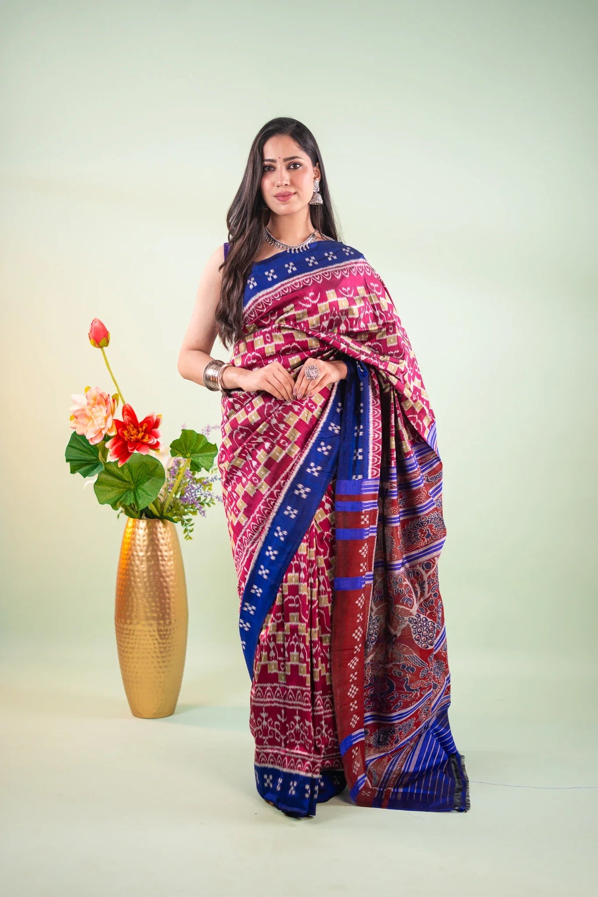 Crimson Pink Royal Blue Check Ikat Khandua Silk Saree