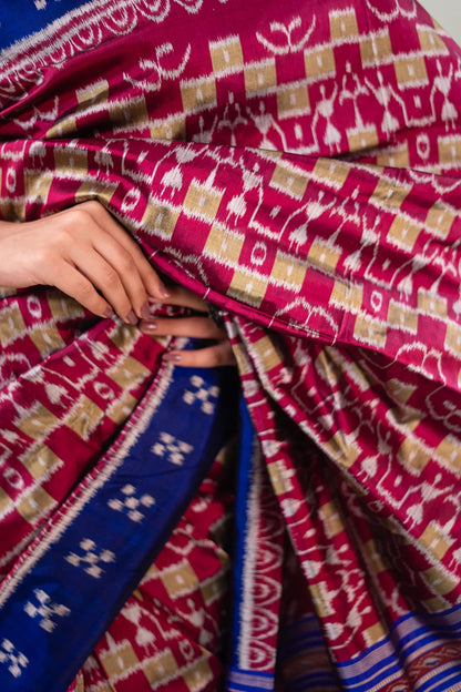 Crimson Pink Royal Blue Check Ikat Khandua Silk Saree