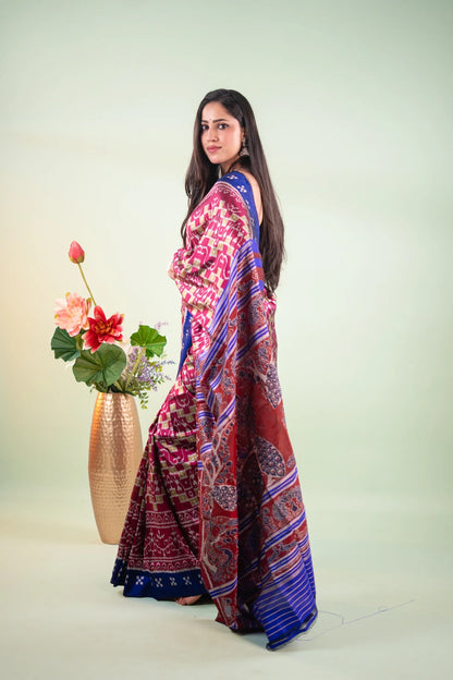 Crimson Pink Royal Blue Check Ikat Khandua Silk Saree
