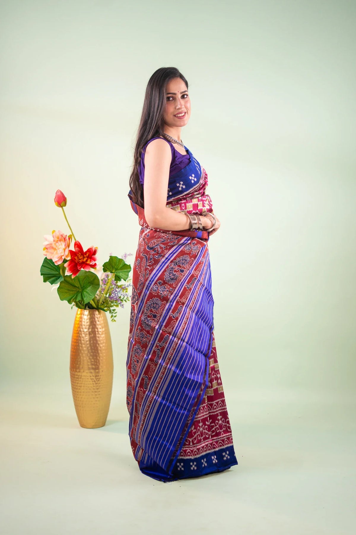 Crimson Pink Royal Blue Check Ikat Khandua Silk Saree