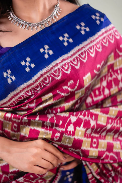 Crimson Pink Royal Blue Check Ikat Khandua Silk Saree