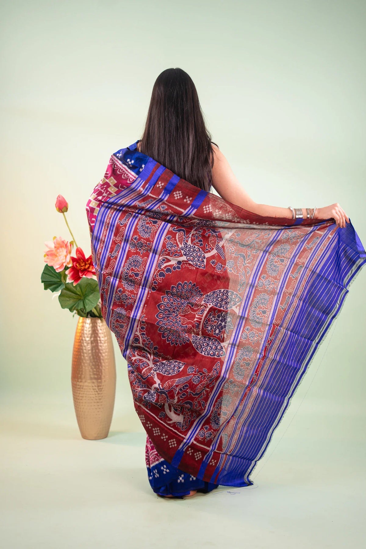 Crimson Pink Royal Blue Check Ikat Khandua Silk Saree
