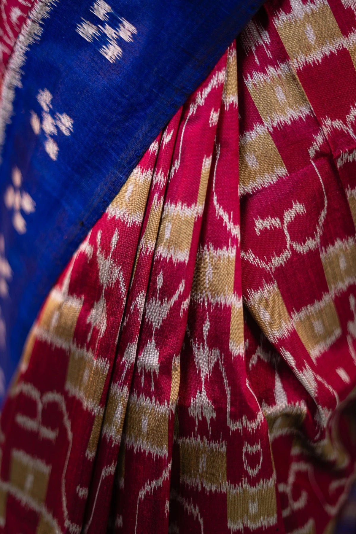 Crimson Pink Royal Blue Check Ikat Khandua Silk Saree