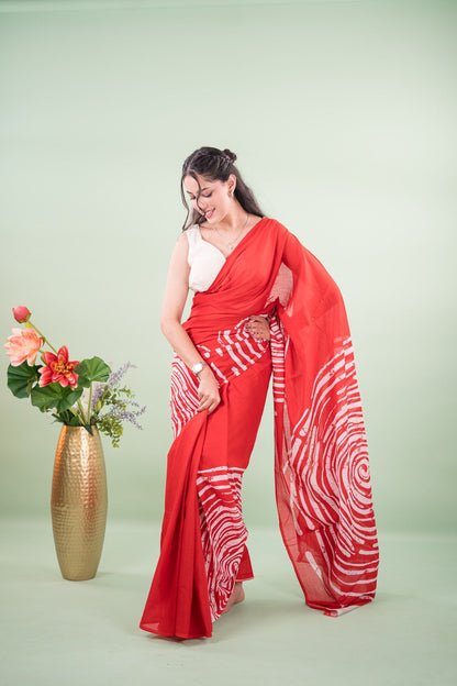 Crimson Red Abstract Batik Mul Mul Cotton Saree