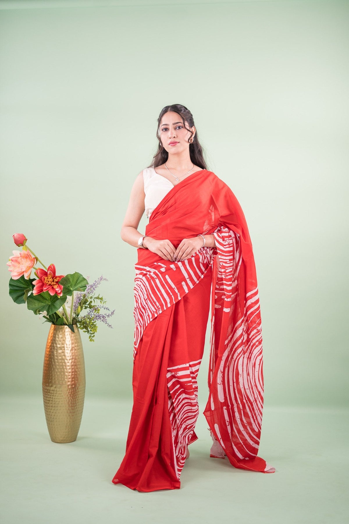 Crimson Red Abstract Batik Mul Mul Cotton Saree