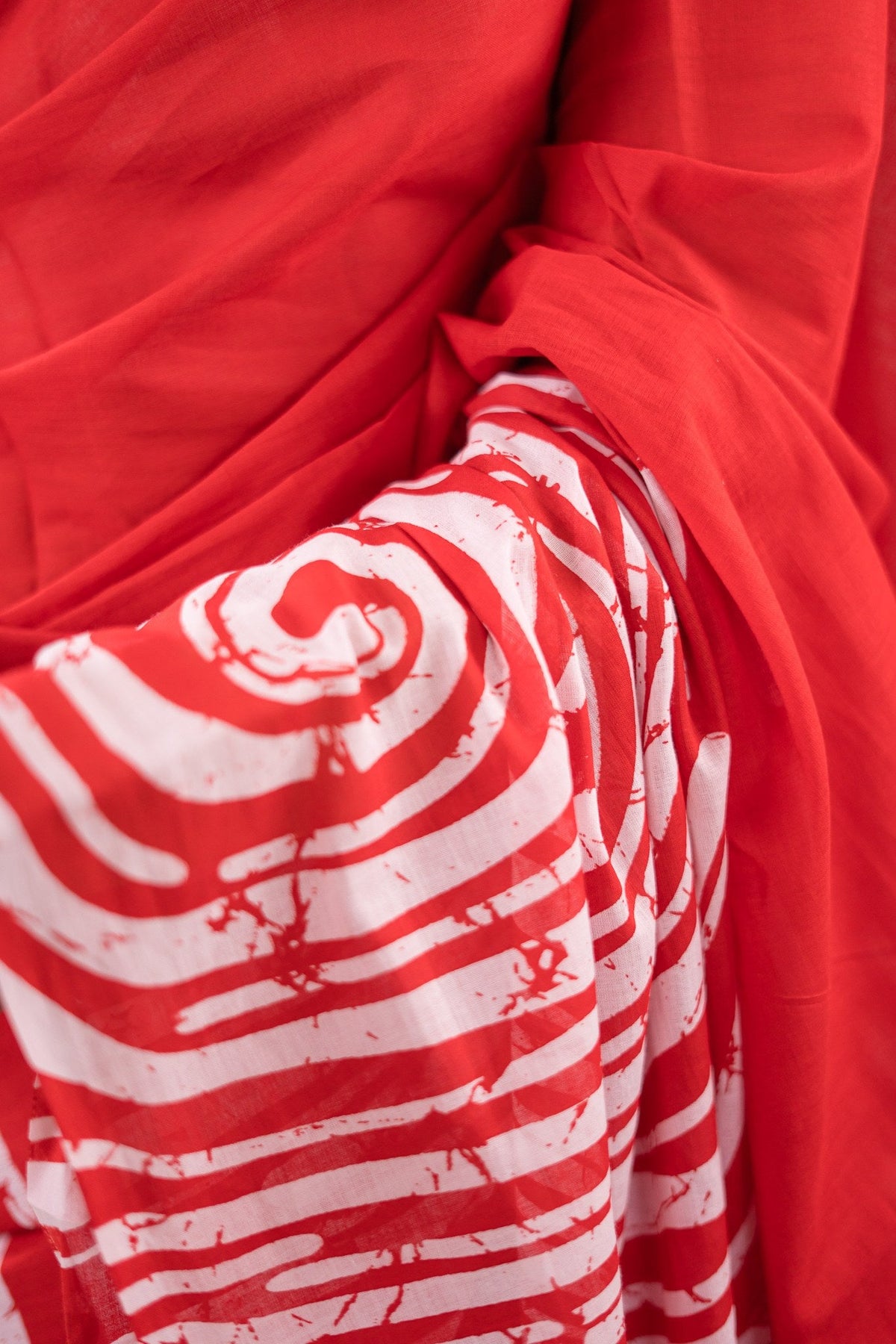 Crimson Red Abstract Batik Mul Mul Cotton Saree
