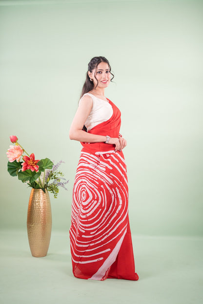 Crimson Red Abstract Batik Mul Mul Cotton Saree
