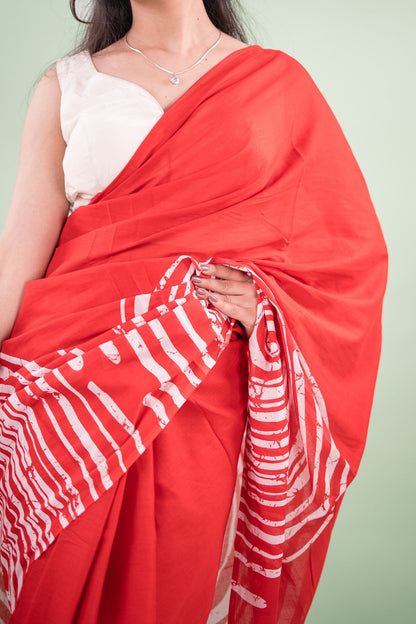 Crimson Red Abstract Batik Mul Mul Cotton Saree
