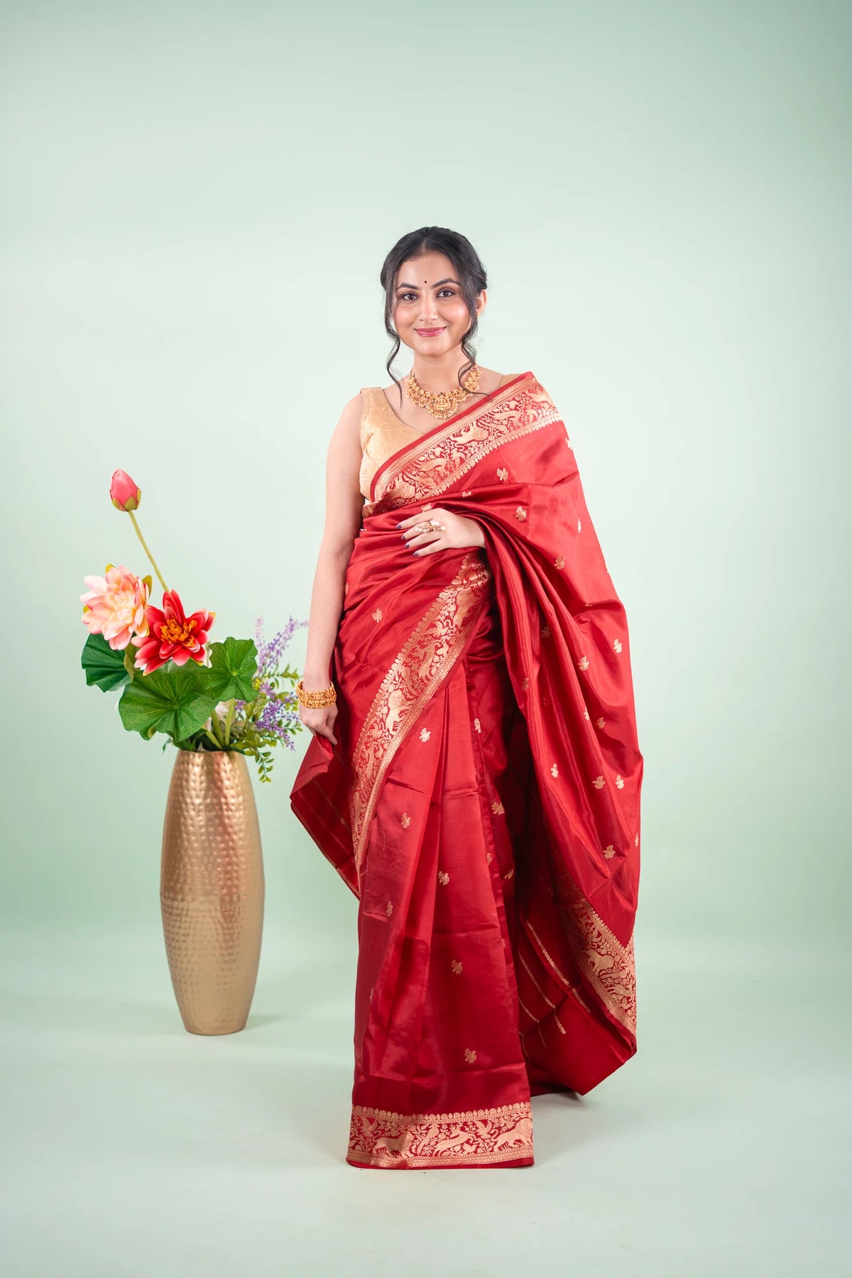 Crimson Red Banarasi Silk Saree - Animal Bird Border image 1