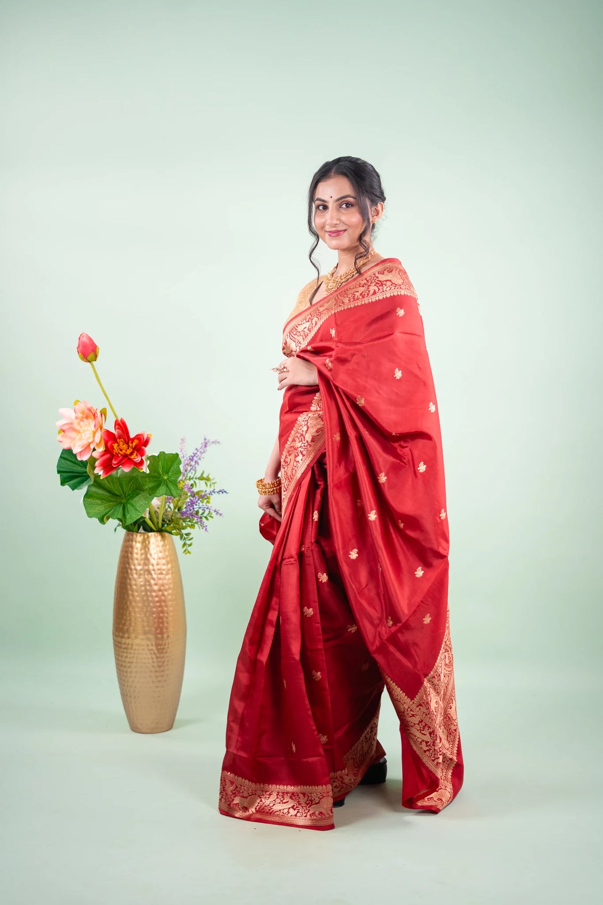 Crimson Red Banarasi Silk Saree - Animal Bird Border image 2