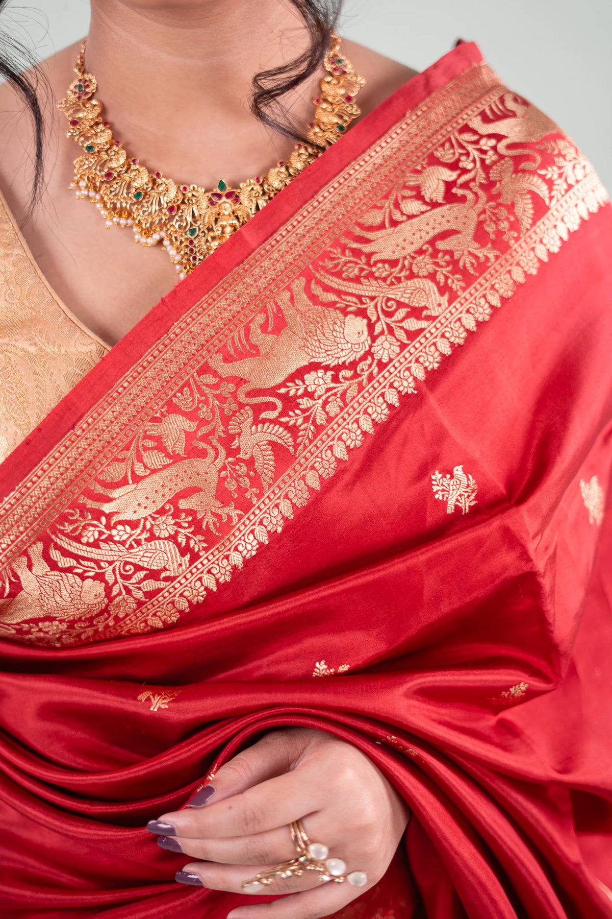 Crimson Red Banarasi Silk Saree - Animal Bird Border image 3