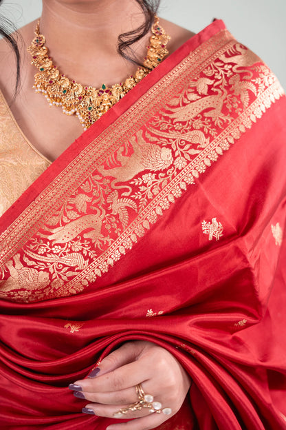 Crimson Red Banarasi Silk Saree - Animal Bird Border image 3