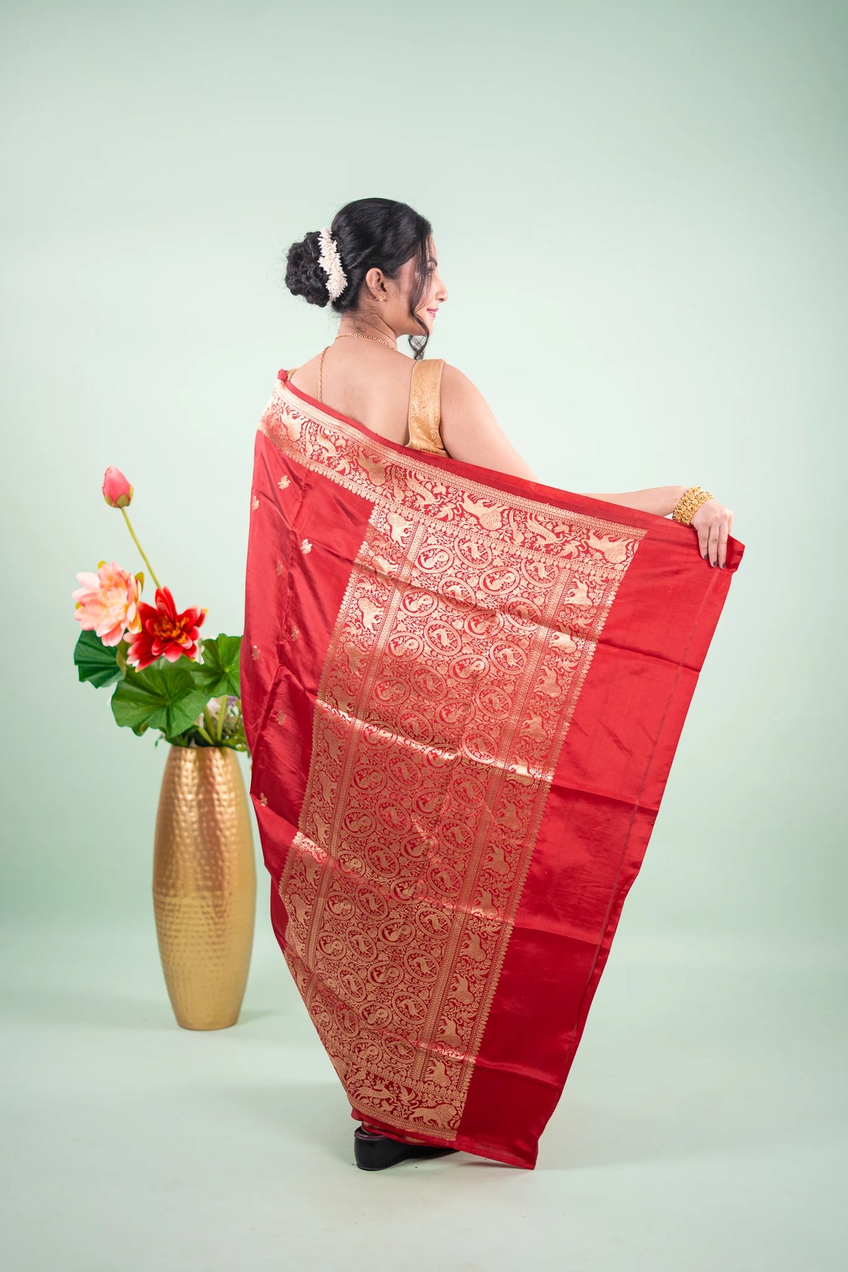 Crimson Red Banarasi Silk Saree - Animal Bird Border image 4