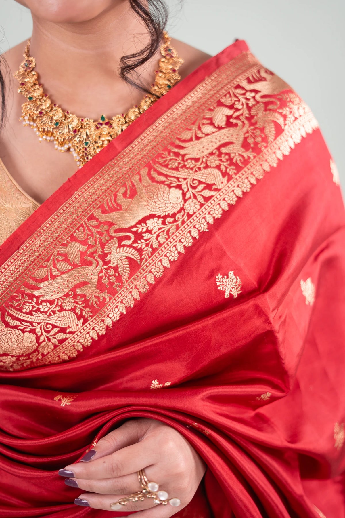 Crimson Red Banarasi Silk Saree - Animal Bird Border image 5