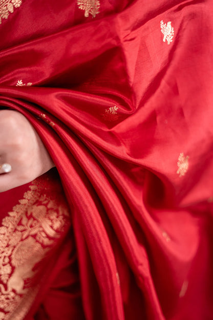 Crimson Red Banarasi Silk Saree - Animal Bird Border image 6