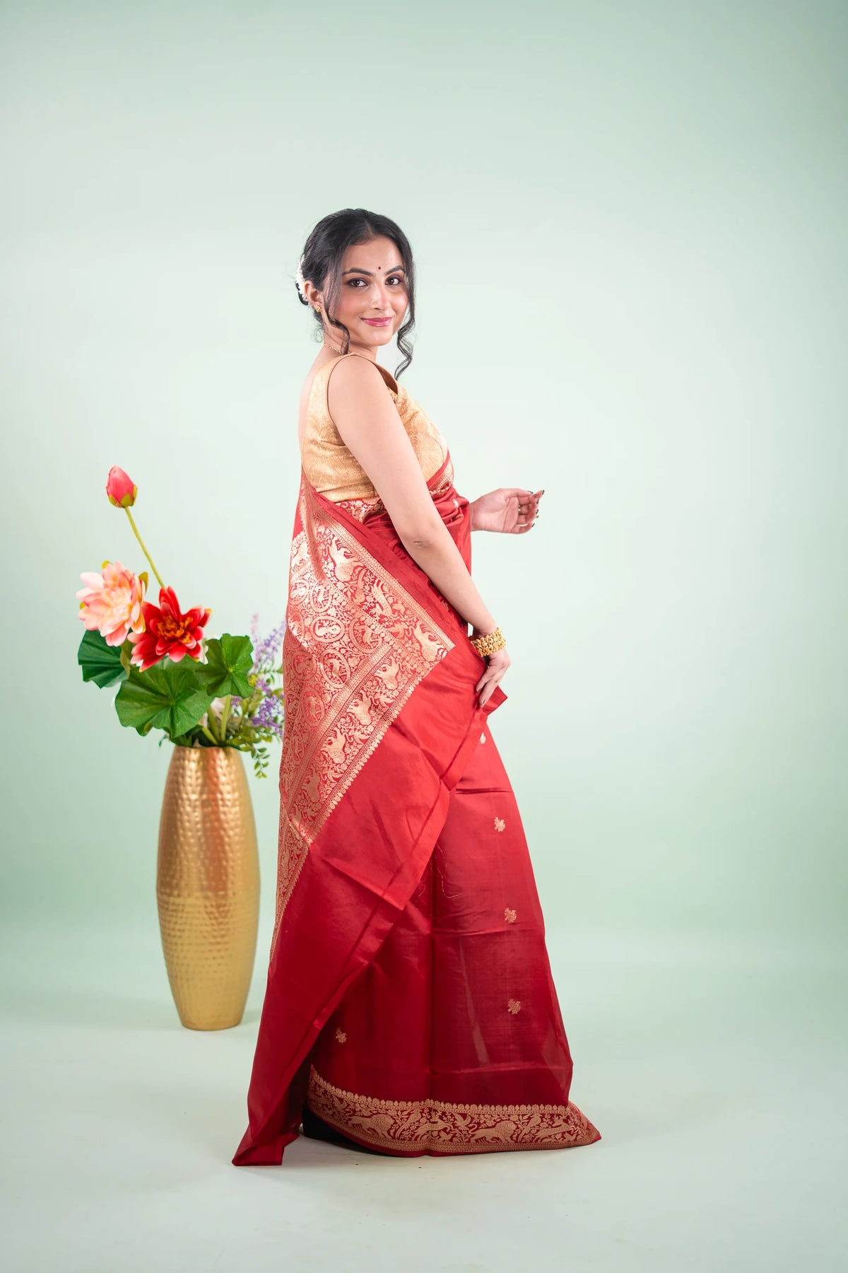 Crimson Red Banarasi Silk Saree - Animal Bird Border image 7